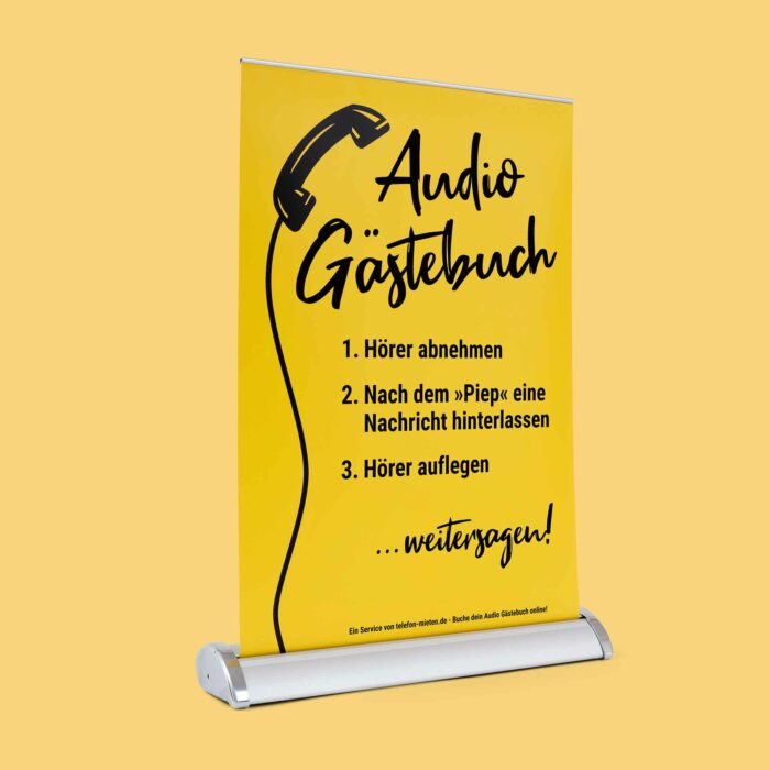 Unser Roll-Up-Display im DIN A3-Format wird mit jedem Retro Audio Gästebuch mitgeliefert.