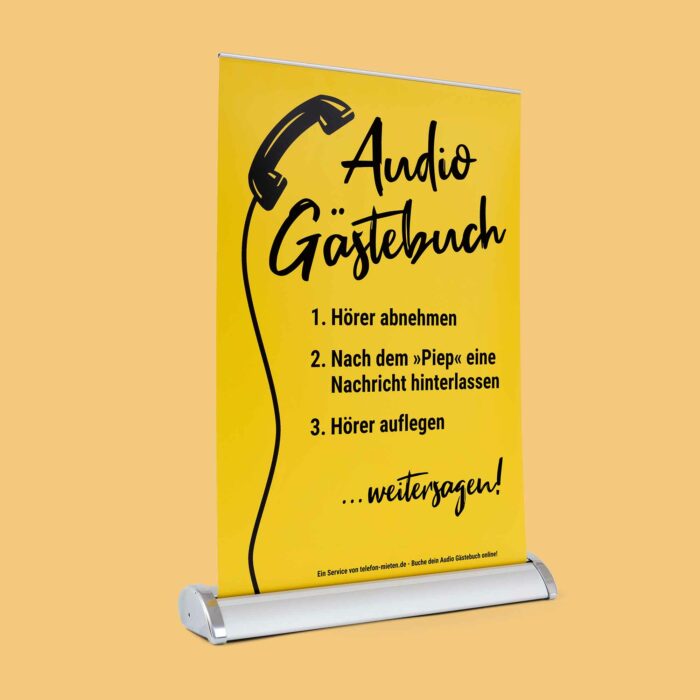 Unser Roll-Up-Display im DIN A3-Format wird mit jedem Retro Audio Gästebuch mitgeliefert.
