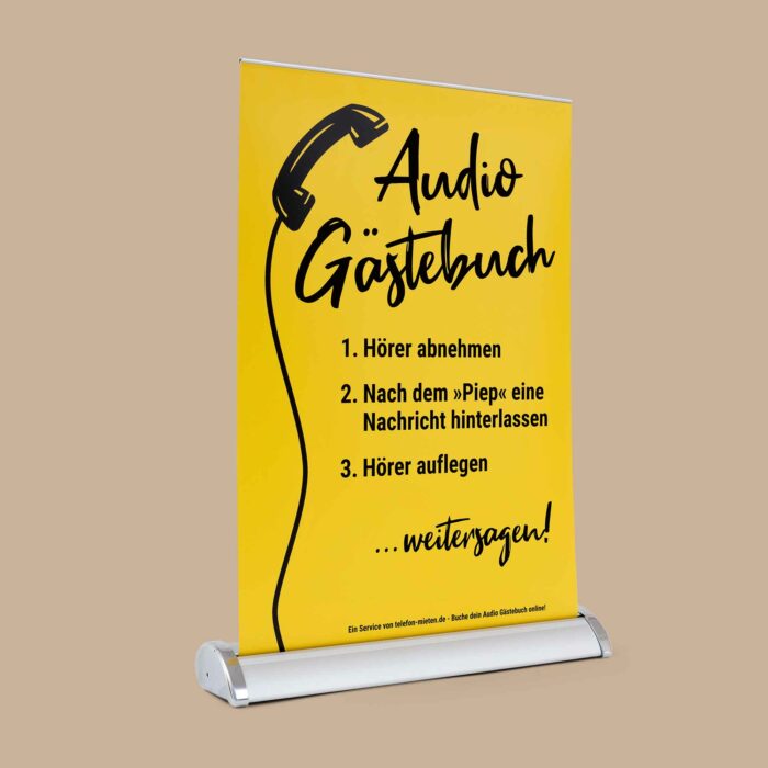 Unser Roll-Up-Display im DIN A3-Format wird mit jedem Retro Audio Gästebuch mitgeliefert.
